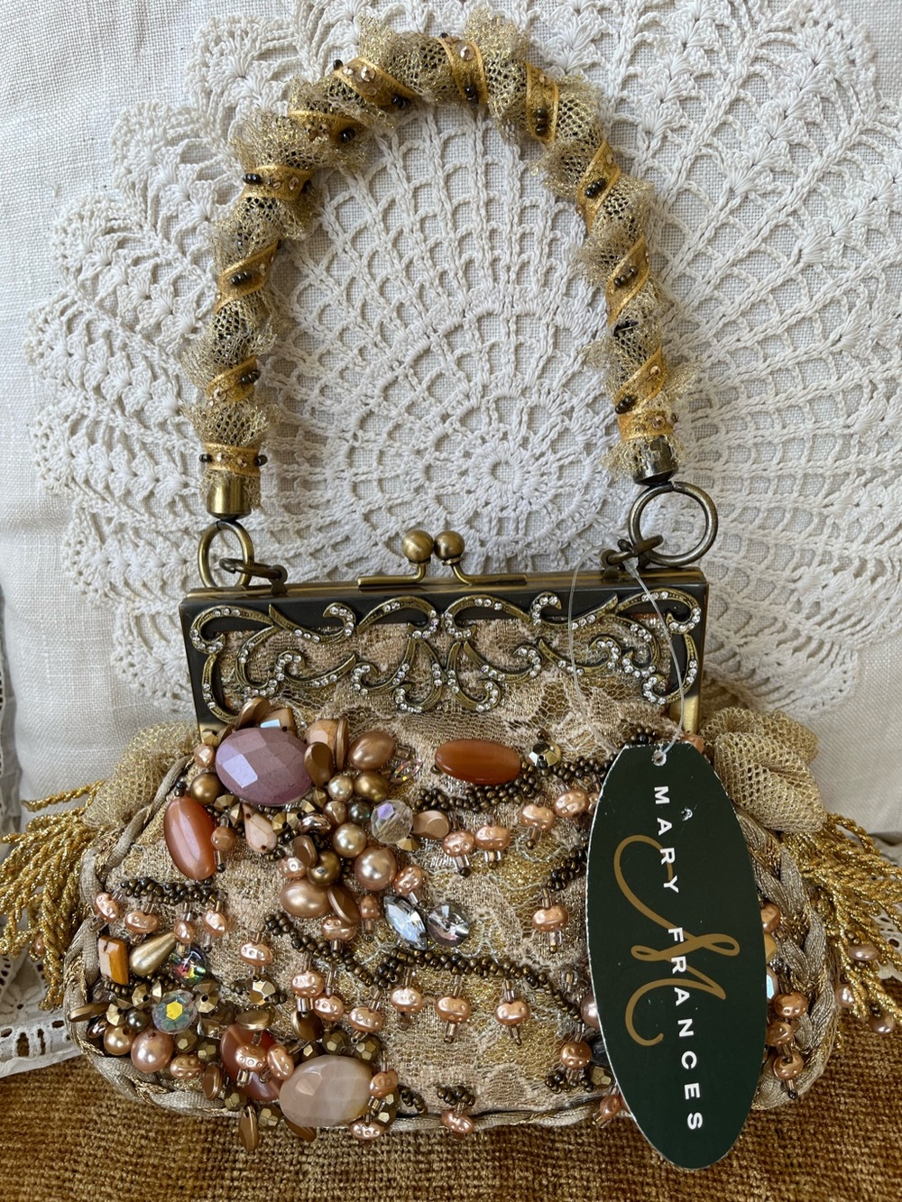 Mary Frances Gold Kiss Lock Beaded Embellished Hand Bag Clutch Vintage NWT